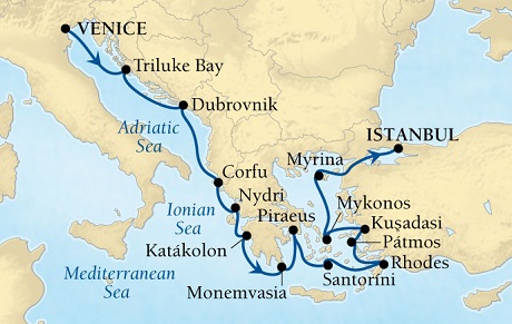 Seabourn Odyssey Cruise Map Detail Venice, Italy to Istanbul, Turkey August 29 September 12 2015 - 14 Days - Voyage 4553A