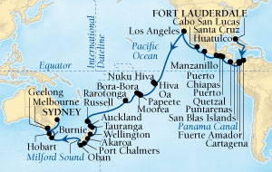 Seabourn Odyssey Cruise Map Detail Fort Lauderdale, Florida, US to Sydney, Australia December 15 2015 February 13 2016 - 59 Days - Voyage 4574B