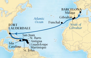 Seabourn Odyssey Cruise Map Detail Barcelona, Spain to Fort Lauderdale, Florida, US October 13 November 9 2015 - 27 Days - Voyage 4563A