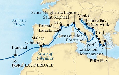 Seabourn Odyssey Cruise Map Detail Piraeus (Athens), Greece to Fort Lauderdale, Florida, US September 26 October 18 2015 - 32 Days - Voyage 4560B