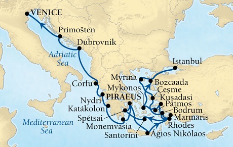 Seabourn Odyssey Cruise Map Detail Piraeus (Athens), Greece to Venice, Italy July 23 August 13 2016 - 21 Days - Voyage 4643B