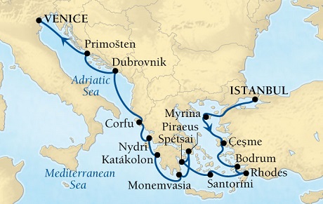Seabourn Odyssey Cruise Map Detail Istanbul, Turkey to Venice, Italy June 4-18 2016 - 14 Days - Voyage 4630A