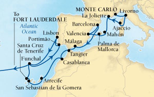 Seabourn Odyssey Cruise Map Detail Monte Carlo, Monaco to Fort Lauderdale, Florida, US November 16 December 19 2016 - 33 Days - Voyage 4672D
