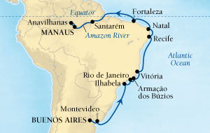 Seabourn Quest Cruise Map Detail Buenos Aires, Argentina to Manaus, Brazil February 24 March 15 2016 - 20 Days - Voyage 6614