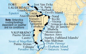 Seabourn Quest Cruise Map Detail Valparaiso (Santiago), Chile to Fort Lauderdale, Florida, US February 3 March 30 2016 - 56 Days - Voyage 6611B