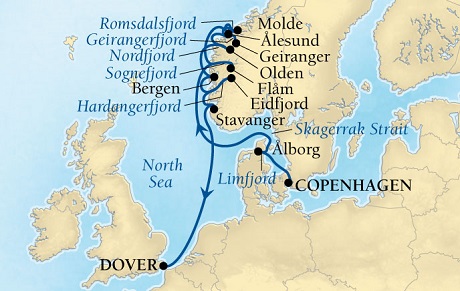 Seabourn Quest Cruise Map Detail Copenhagen, Denmark to Dover (London), England, UK July23 August 4 2016 - 12 Days - Voyage 6638