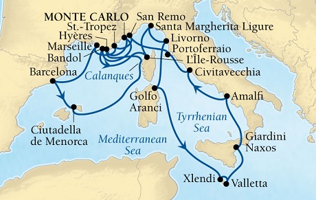 Seabourn Sojourn Cruise Map Detail Monte Carlo, Monaco to Monte Carlo, Monaco August 22 September 12 2015 - 21 Days - Voyage 5545A