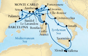 Seabourn Sojourn Cruise Map Detail Monte Carlo, Monaco to Barcelona, Spain July 7-25 2016 - 18 Days - Voyage 5640A