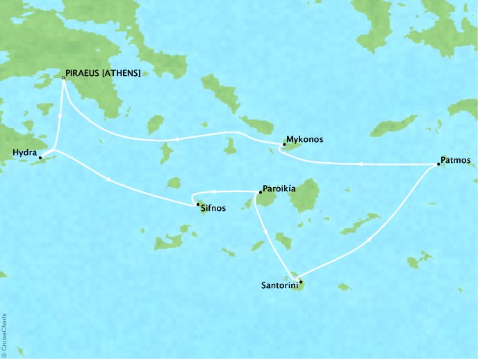 Seadream Cruise Yatch Club SeaDream II Map Detail Piraeus, Greece to Piraeus, Greece July 29 August 5 2017 - 7 Days