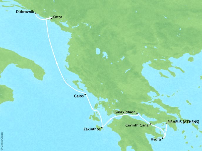 Seadream Cruise Yatch Club SeaDream II Map Detail Piraeus, Greece to Dubrovnik, Croatia July 8-15 2017 - 7 Days