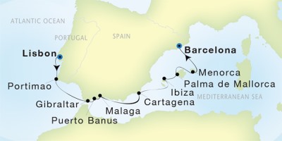 Seadream Yacht Club Cruises SeaDream I  Map Detail Lisbon, Portugal to Barcelona, Spain April 27 May 6 2017 - 9 Days