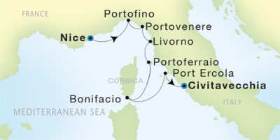 Seadream Yacht Club Cruises SeaDream I  Map Detail Nice, France to Civitavecchia, Italy August 12-19 2017 - 7 Days