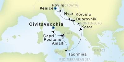Seadream Yacht Club Cruises SeaDream I  Map Detail Civitavecchia, Italy to Venice, Italy August 19-30 2017 - 11 Days