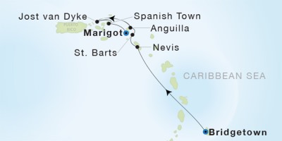 Seadream Yacht Club Cruises SeaDream I  Map Detail Bridgetown, Barbados to Marigot, Saint Martin December 28 2017 January 4 2018 - 7 Days
