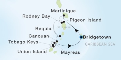 Seadream Yacht Club Cruises SeaDream I  Map Detail Bridgetown, Barbados to Bridgetown, Barbados November 4-11 2017 - 7 Days