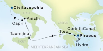 Seadream Yacht Club Cruises SeaDream I  Map Detail Piraeus, Greece to Civitavecchia, Italy September 23-30 2017 - 7 Days