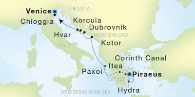 Seadream Yacht Club Cruises SeaDream II  Map Detail Piraeus, Greece to Venice, Italy August 5-14 2017 - 9 Days