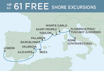 Cruises Around The World Regent Seven Seas Explorer Map August 13-25 2022 - 12 Days ROME (CIVITAVECCHIA) TO LISBON