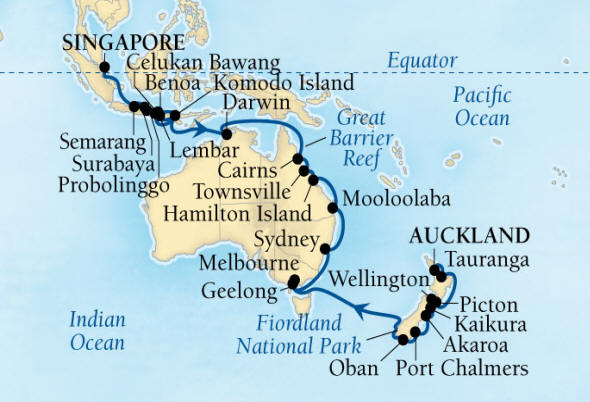 Seabourn, Seabourn Seabourn Encore Cruise Map Detail Auckland, New Zealand to Singapore February 18 April 1 2026 - 42 Days - Voyage 7716B