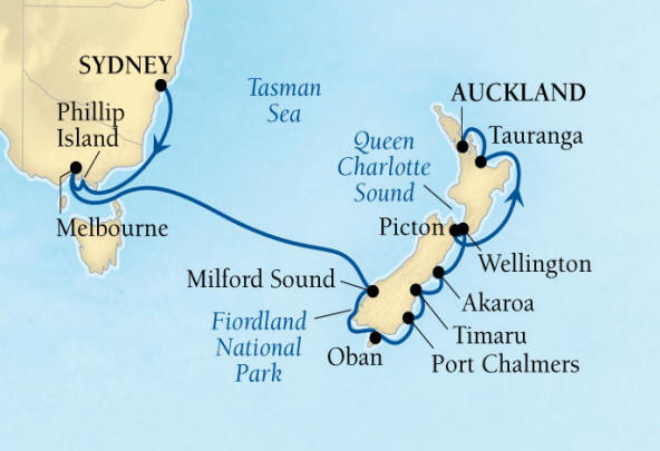 Seabourn, Seabourn Seabourn Encore Cruise Map Detail Sydney, Australia to Auckland, New Zealand February 2-18 2026 - 16 Days - Voyage 7715