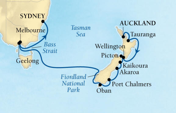 Seabourn, Seabourn Seabourn Encore Cruise Map Detail Auckland, New Zealand to Sydney, Australia February 18 March 6 2026 - 16 Days - Voyage 7716