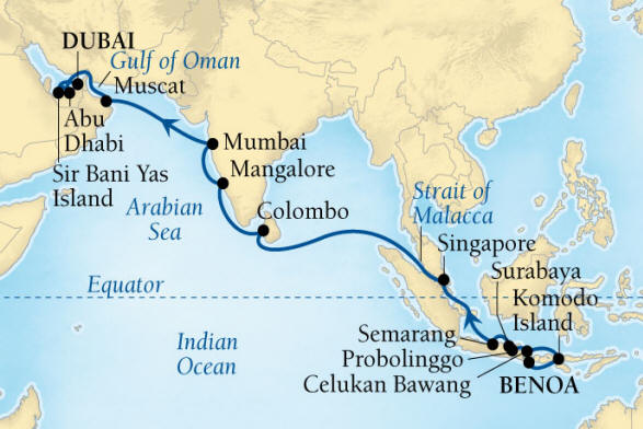 Seabourn, Seabourn Seabourn Encore Cruise Map Detail Benoa (Denpasar), Bali, Indonesia to Dubai, United Arab Emirates March 22 April 17 2026 - 26 Days - Voyage 7721A