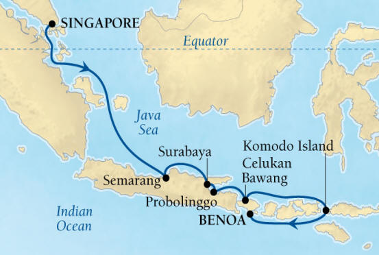 Seabourn, Seabourn Seabourn Encore Cruise Map Detail Singapore to Benoa (Denpasar), Bali, Indonesia January 7-17 2026 - 10 Days - Voyage 7710