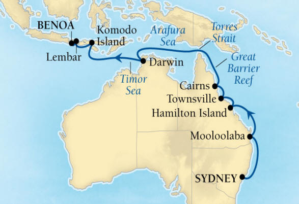 Seabourn, Seabourn Seabourn Encore Cruise Map Detail Sydney, Australia to Benoa (Denpasar), Bali, Indonesia March 6-22 2026 - 16 Days - Voyage 7720