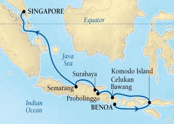 Seabourn, Seabourn Seabourn Encore Cruise Map Detail Benoa (Denpasar), Bali, Indonesia to Singapore March 22 April 1 2026 - 10 Days - Voyage 7721