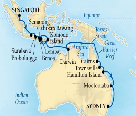 Seabourn, Seabourn Seabourn Encore Cruise Map Detail Singapore to Sydney, Australia January 7 February 2 2026 - 26 Days - Voyage 7710A