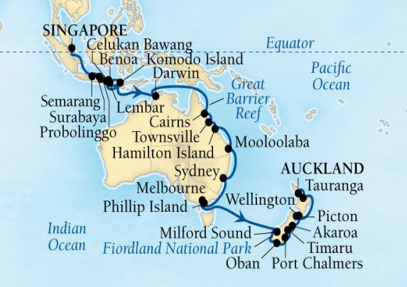 Seabourn, Seabourn Seabourn Encore Cruise Map Detail Singapore to Auckland, New Zealand January 7 February 18 2026 - 42 Days - Voyage 7710B