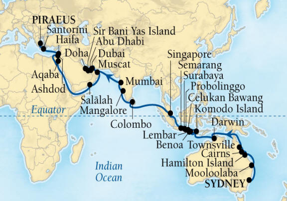 Seabourn, Seabourn Seabourn Encore Cruise Map Detail Sydney, Australia to Piraeus (Athens), Greece March 6 May 5 2026 - 60 Days - Voyage 7720C