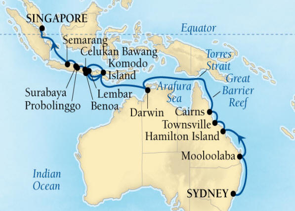 Seabourn, Seabourn Seabourn Encore Cruise Map Detail Sydney, Australia to Singapore March 6 April 1 2026 - 26 Days - Voyage 7720A