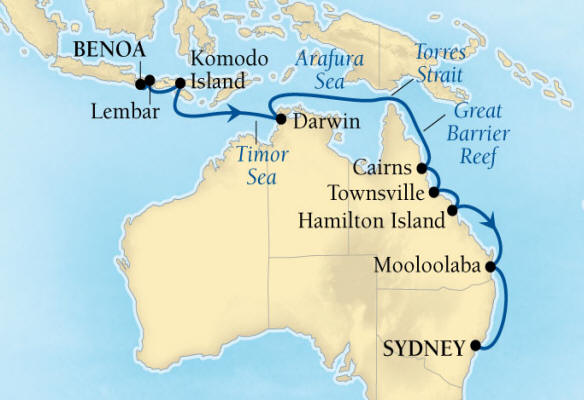 Seabourn, Seabourn Seabourn Encore Cruise Map Detail Benoa (Denpasar), Bali, Indonesia to Sydney, Australia January 17 February 2 2026 - 16 Days - Voyage 7711