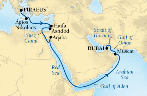 Seabourn Encore Cruise Map Detail Piraeus (Athens), Greece to Dubai, United Arab Emirates December 4-20 2028 - 16 Days - Voyage 7679