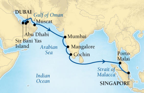 Seabourn Encore Cruise Map Detail Dubai, United Arab Emirates to Singapore December 20 2028 January 7 2026 - 18 Days - Voyage 7680