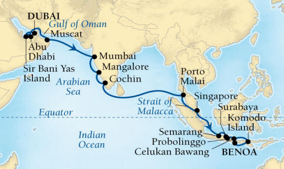 Seabourn Encore Cruise Map Detail Dubai, United Arab Emirates to Benoa (Denpasar), Bali, Indonesia December 20 2028 January 17 2026 - 28 Days - Voyage 7680A
