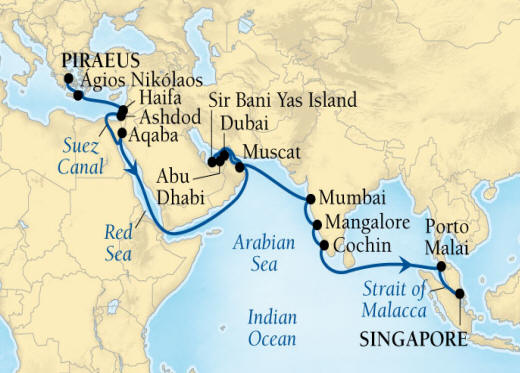 Seabourn Encore Cruise Map Detail Piraeus (Athens), Greece to Singapore December 4 2028 January 7 2026 - 34 Days - Voyage 7679A