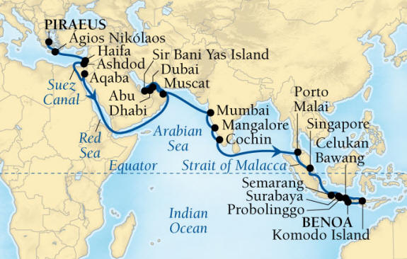 Seabourn Encore Cruise Map Detail Piraeus (Athens), Greece to Benoa (Denpasar), Bali, Indonesia December 4 2028 January 17 2026 - 44 Days - Voyage 7679B