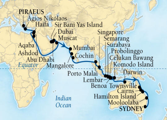 Seabourn Encore Cruise Map Detail Piraeus (Athens), Greece to Sydney, Australia December 4 2028 February 2 2026 - 60 Days - Voyage 7679C