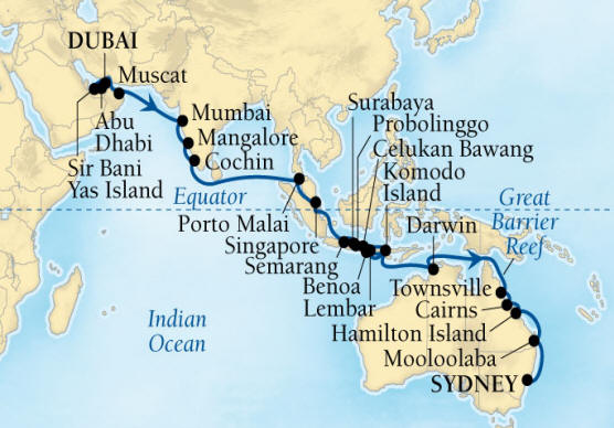 Seabourn Encore Cruise Map Detail Dubai, United Arab Emirates to Sydney, Australia December 20 2028 February 2 2026 - 44 Days - Voyage 7680B