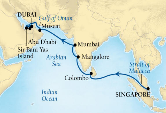 Seabourn, Seabourn Seabourn Encore Cruise Map Detail Singapore to Dubai, United Arab Emirates April 1-17 2026 - 16 Days - Voyage 7725