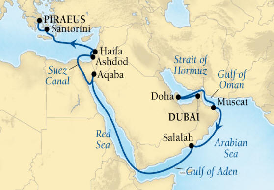 Seabourn, Seabourn Seabourn Encore Cruise Map Detail Dubai, United Arab Emirates to Piraeus (Athens), Greece April 17 May 5 2026 - 18 Days - Voyage 7726