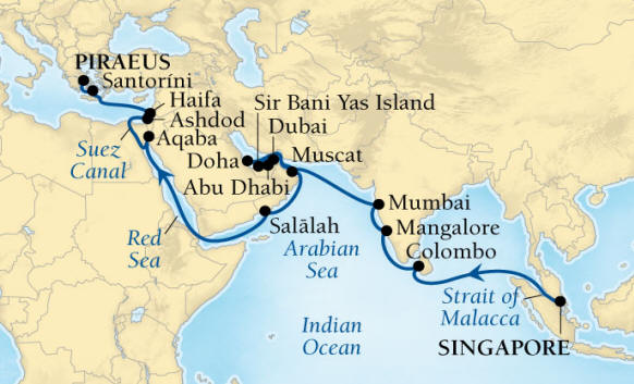 Seabourn, Seabourn Seabourn Encore Cruise Map Detail Singapore to Piraeus (Athens), Greece April 1 May 5 2026 - 34 Days - Voyage 7725A