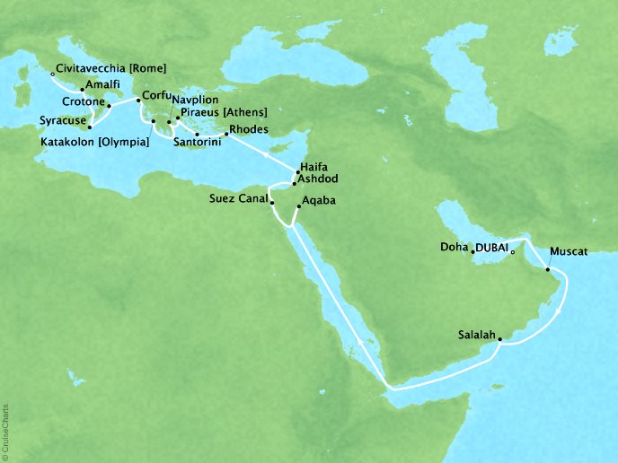 Seabourn Cruises Encore Map Detail  2026 - 26 Days - Voyage 7727A