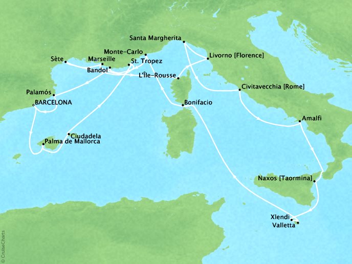 Seabourn Cruises Encore Map Detail Barcelona, Spain to Barcelona, Spain August 15 September 4 2026 - 20 Days