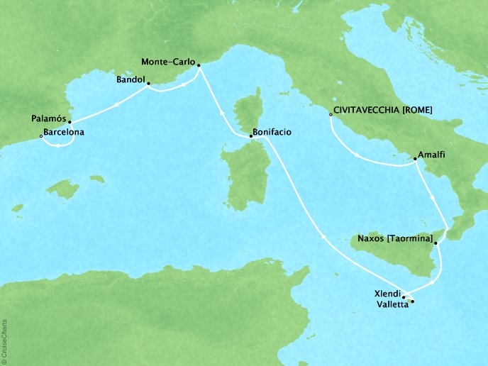Seabourn Cruises Encore Map Detail Civitavecchia (Rome), Italy to Barcelona, Spain August 25 September 4 2026 - 10 Days