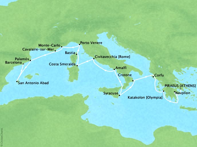 Seabourn Cruises Encore Map Detail Piraeus, Greece to Barcelona, Spain July 1-16 2026 - 15 Days - Voyage 7742A