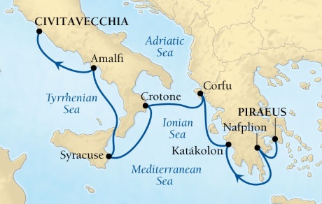 Seabourn Cruises Encore Map Detail Piraeus (Athens), Greece to Rome (Civitavecchia), Italy July 1-8 2026 - 7 Days