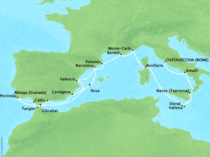 Seabourn Cruises Encore Map Detail Civitavecchia, Italy to Barcelona, Spain July 26 August 15 2026 - 21 Days